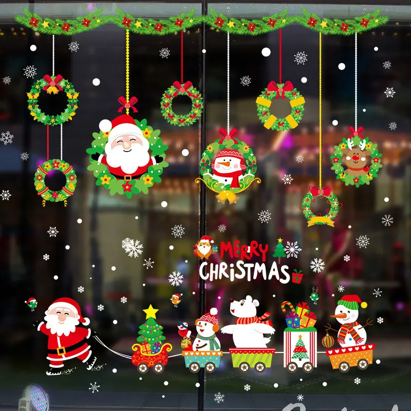 Christmas PVC Clings Stickers For Wall And Window Glass Store Showcase 2024 New Year Merry Xmas Decals Festival Party Decoration