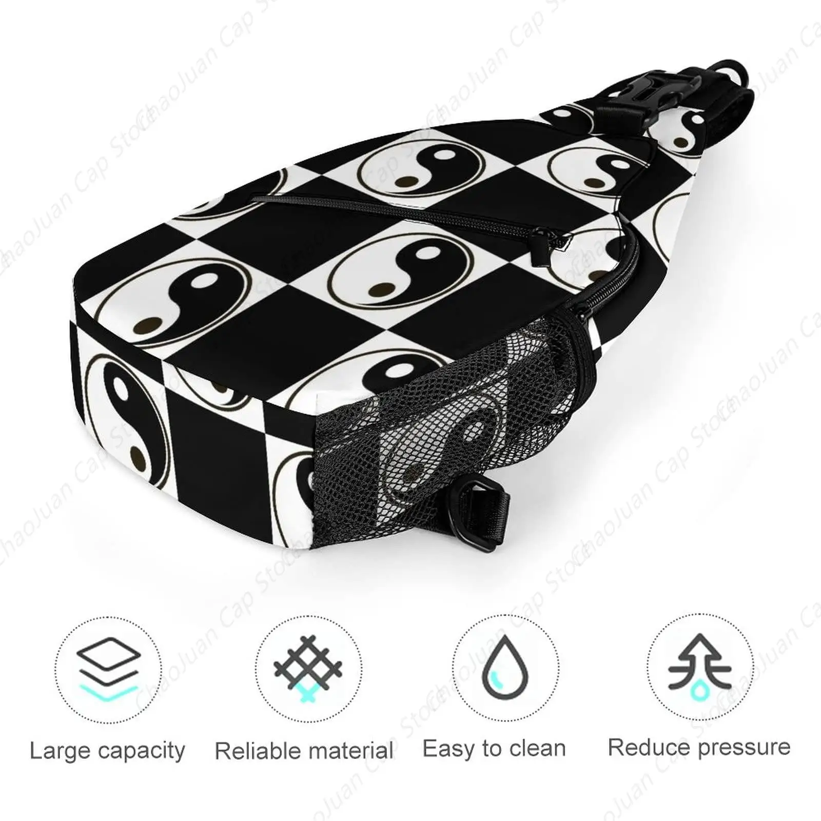 Bolso bandolera con símbolo de Yin Yang |   Mochila bandolera ajustable en blanco y negro |   Mochila informal ligera para viajes, senderismo