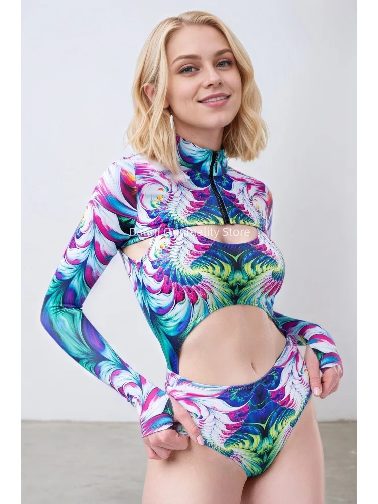Women Psychedelic Daydream Print Long Sleeve Cut Out Bodysuit Pulsar Shrug 2PC Bodysuit Rave Festival Party Performance Outfits view 6