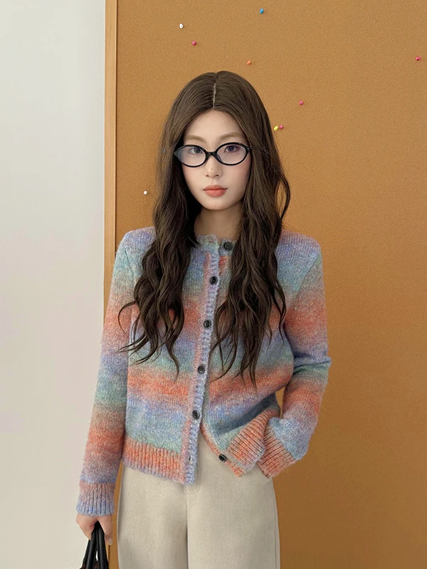 

Boran adient Color Long Sve Knitted Sweater Casual Sle Loose Fit round Ne Open Cardigan for Teen Girls Autumn Winter