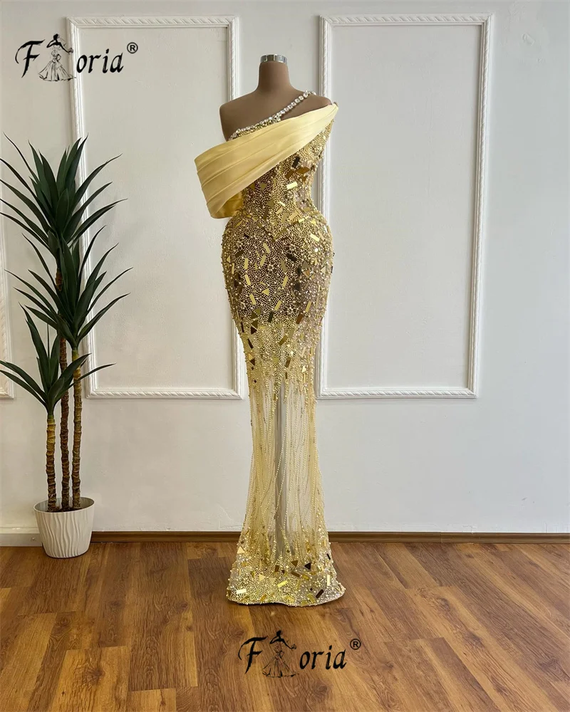 Wspaniałe suknie wieczorowe Dubai Pearls Mermaid Gold Heavy Beads Crystals Arabic Party Gowns 2024 Formal Prom Dress Robe De Soiree