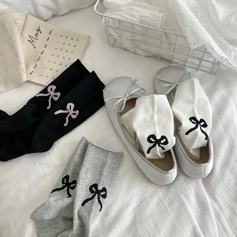 Fashion Socks For Women New Japanese Style Casual Simple White Cute Socks Trendy Bow Sweet Girls Short Socks Breathable