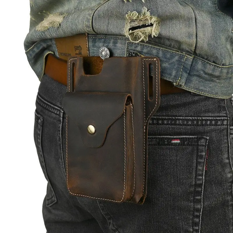 Genuine Top Layer Cowhide Men's Waist Bag 2026 New Style Workable Phone And Cigarette Case Retro Style Vertical Square Shape
