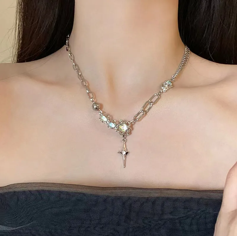 

Summer Luxury Moonstone Cross Necklace Women Elegant Collarbone Chain
