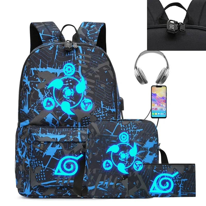 Naruto Three-piece Schoolbag Anime Surrounding Starry Sky Student Lightening zipper shoulders Cartoon School Bag Mochila