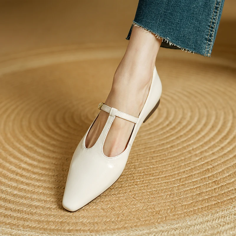 Woman Shoes Beige Mary Jane Spring Simple Flats Handmad Shoes French Style Square Toe Genuine Leather T-Strap Basic Footwear