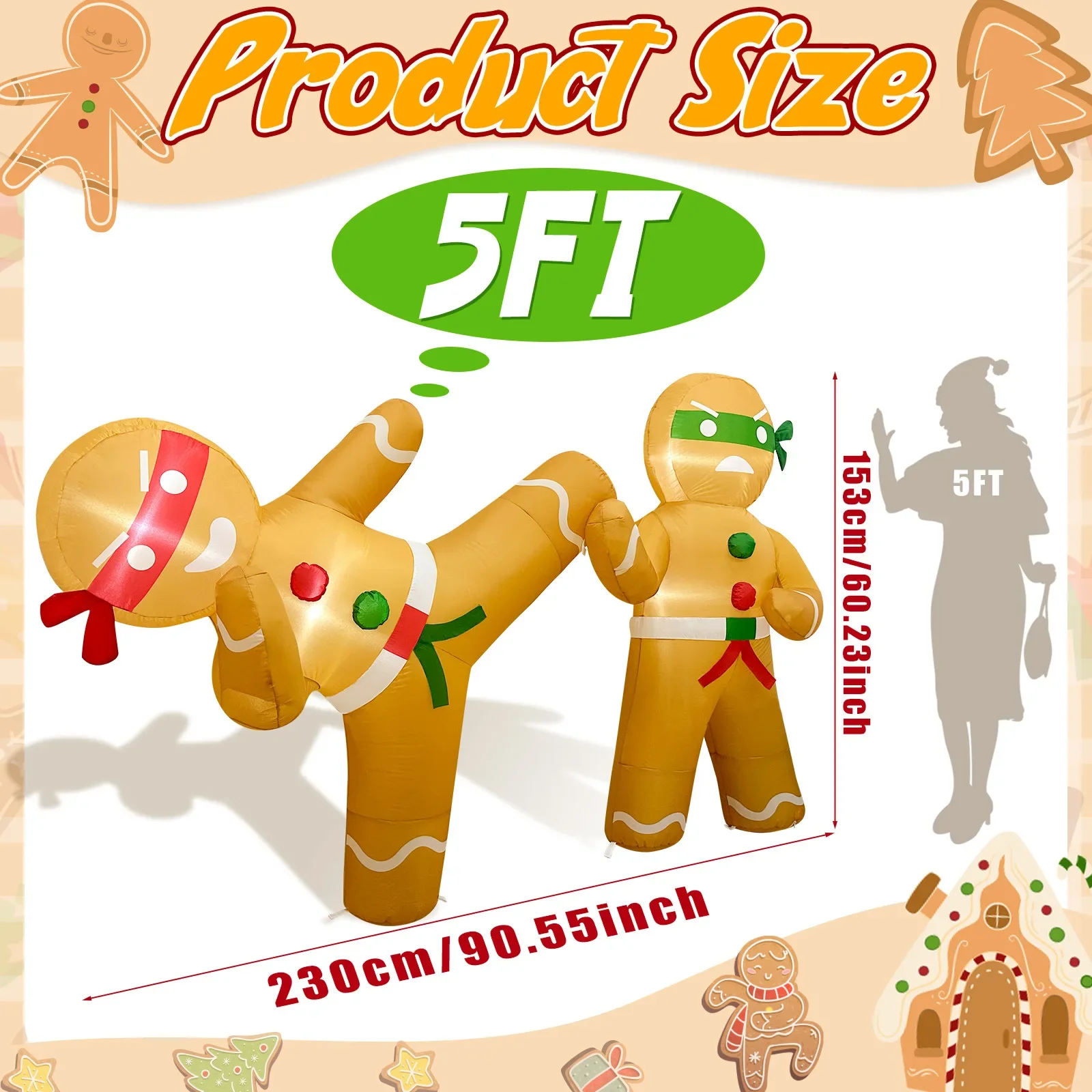 5FT Inflatable Christmas Ninja Gingerbread Man with LED Lights, Blow Up Yard Decor & Artificial Rattan