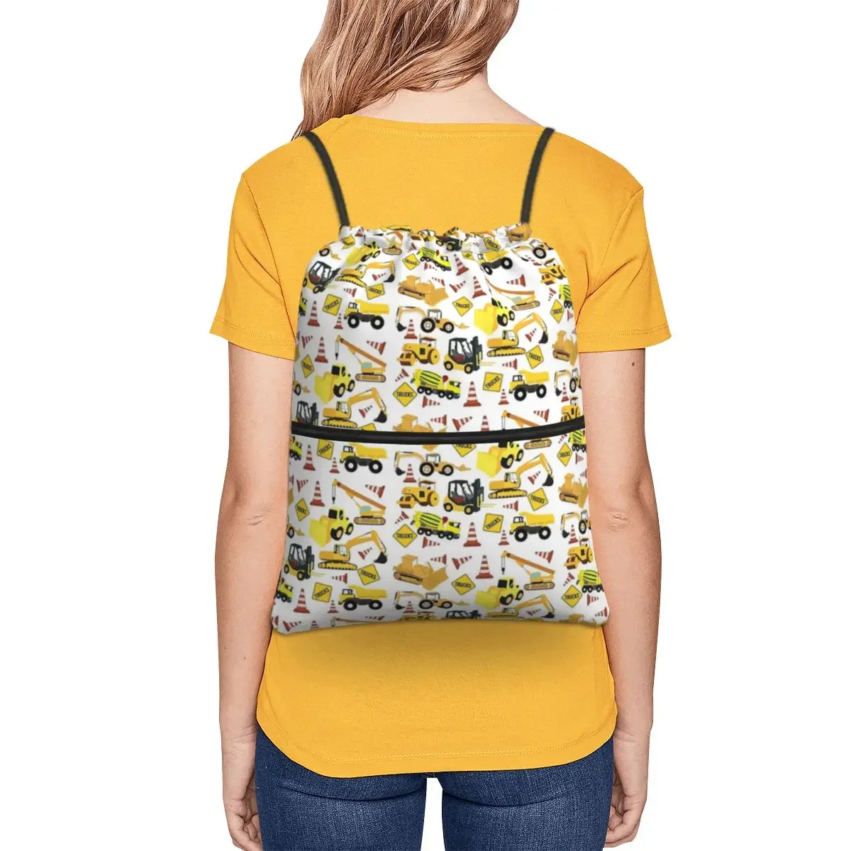 Construction Trucks Pattern Portable Backpacks Drawstring Bag Casual Drawstring Bundle Pocket Sundries Bags For School Students