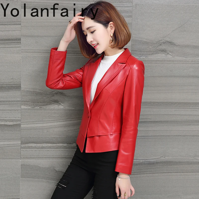 YOLANFAIRY Nuovo 2025 Vera Pelle di Pecora Giubbotti di Pelle da Donna Slim-fit Cappotto del Vestito Breve Giacca di Pelle Genuina Donna Casaco Feminino