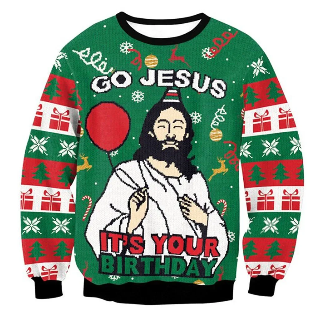 

Men Women Holiday Party Xmas Sweatshirt Happy Birthday Jesus Sweater Green 3D Funny Printed Ugly Christmas Sweaters Jumpers Tops