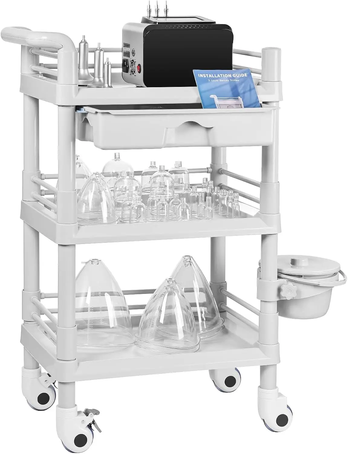 Beauty Trolley Cart Wheels Vacuum Therapy Machine Handrail Bucket Big Drawer 3 Tier Heavy Duty Load 330Lbs 360 Rotate Silent Whe