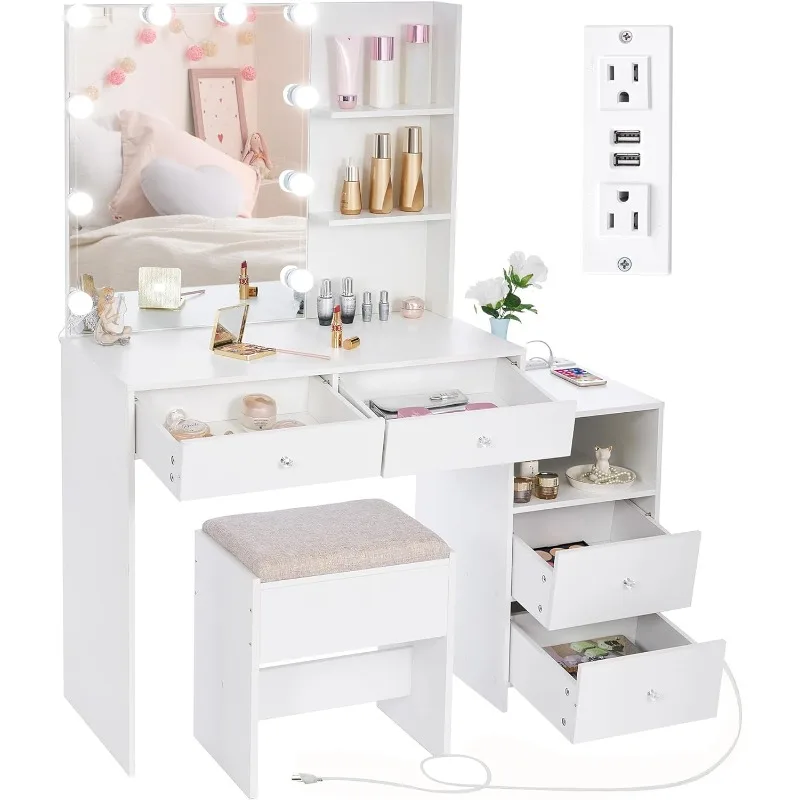 

Makeup Vanity Desk Vanity Set with LED Lighted Mirror Makeup Vanity Table Set with Charging Station Nightstand 3 Colors Modes