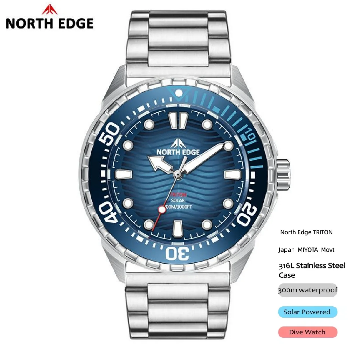 NORTH EDGE TRITON Solar Powered Dive Watch Japan MIYOTA Movt Quartz Watches For Men 316L Stainless Steel Case Waterproof 300M