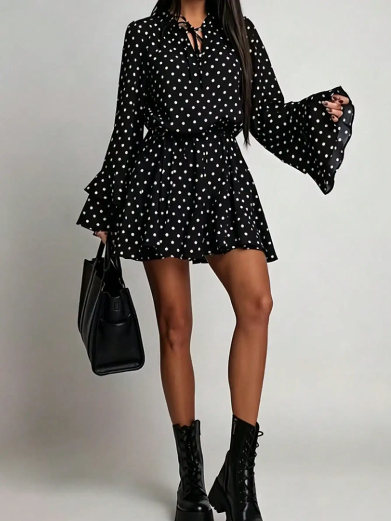 Polka Dot Chiffon Dress for Women, Tie-Up V-Neck, Waist-Cinching, Slimming Long-Sleeve Short Dress