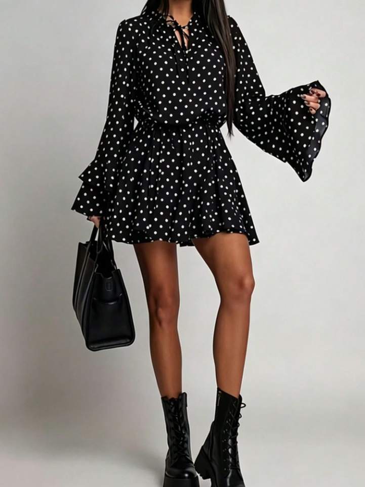  Polka Dot Chiffon Dress for Women, Tie-Up V-Neck, Waist-Cinching, Slimming Long-Sleeve Short Dress 
