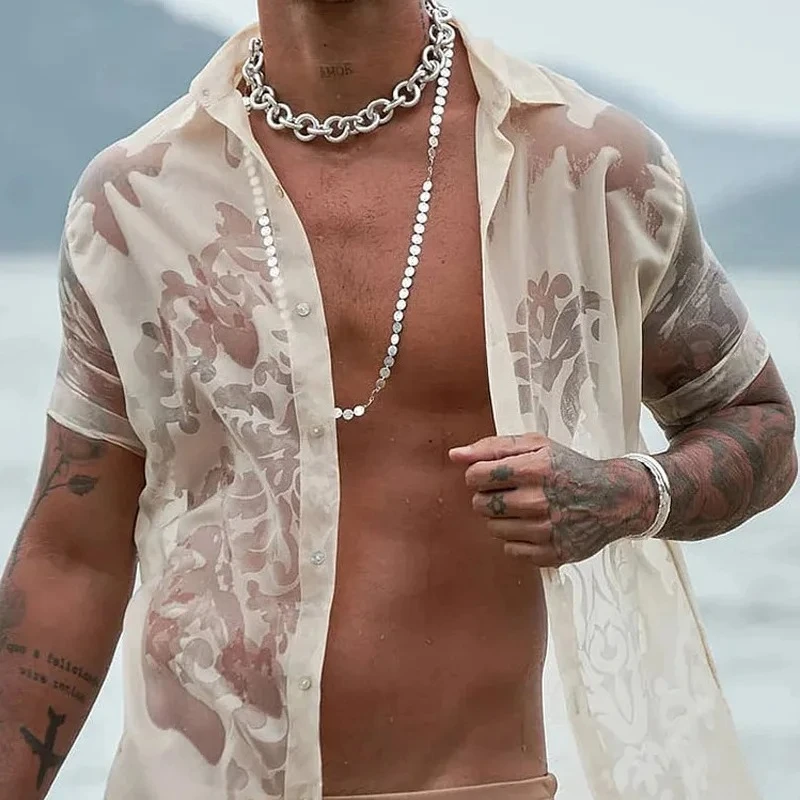 

Summer Casual See-through Top Slim-fit Fashion Pattern Short-sleeved Sexy Shirt Men's Shirt