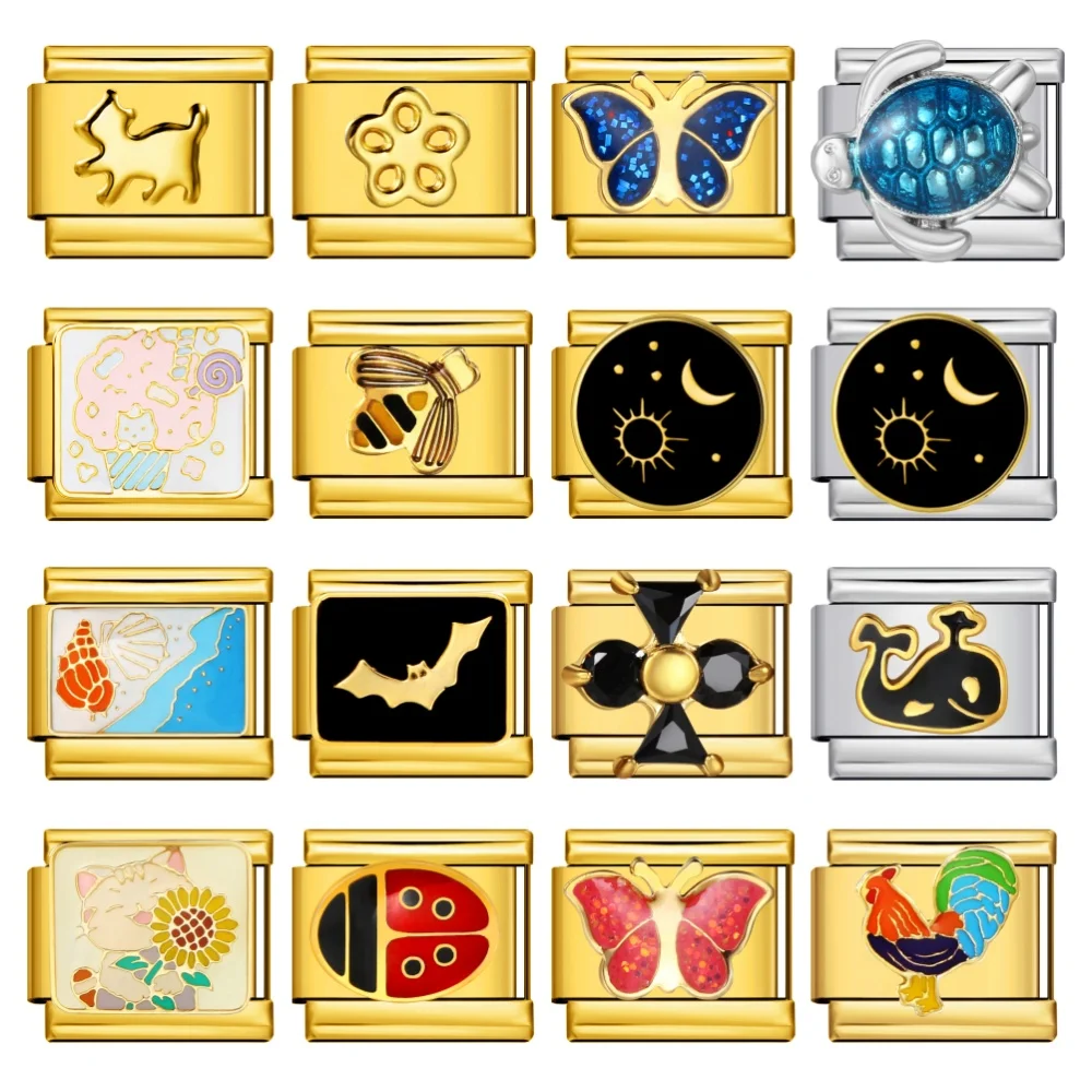 Diseño de dijes de 9mm, eslabones de cuentas de Color dorado, tortuga marina, Concha, pollo, girasol, gato, joyería italiana, pulsera de acero inoxidable DIY