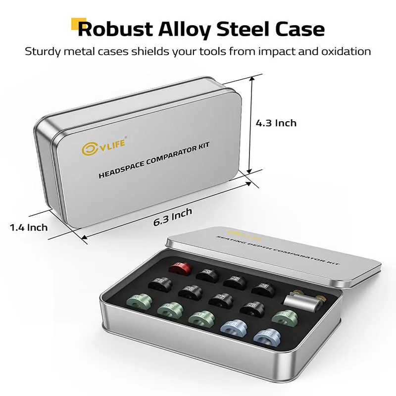 Kit Pembanding Jarak Kepala dan Jarak Duduk CVLIFE, 14 Insert dan 6 Bushing, Alat Pengisian Ulang Amunisi Aluminium dengan Kotak Timah, Pengukur Presisi