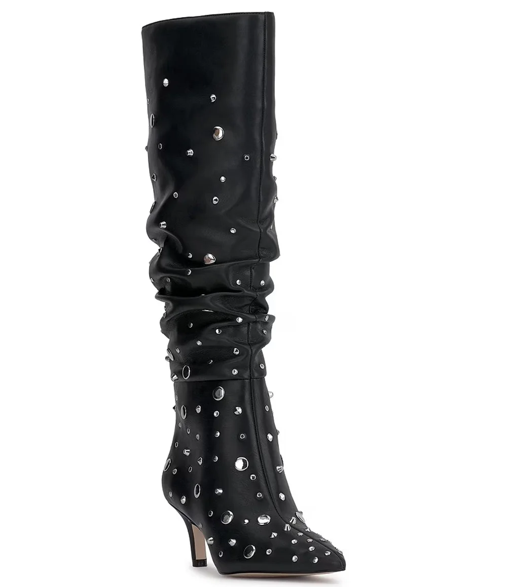Cool Street Style Black Slouchy Knee-High Boots Silver Stud Design Pointed Toe Stiletto Heel Unique Ruched Design New Boots