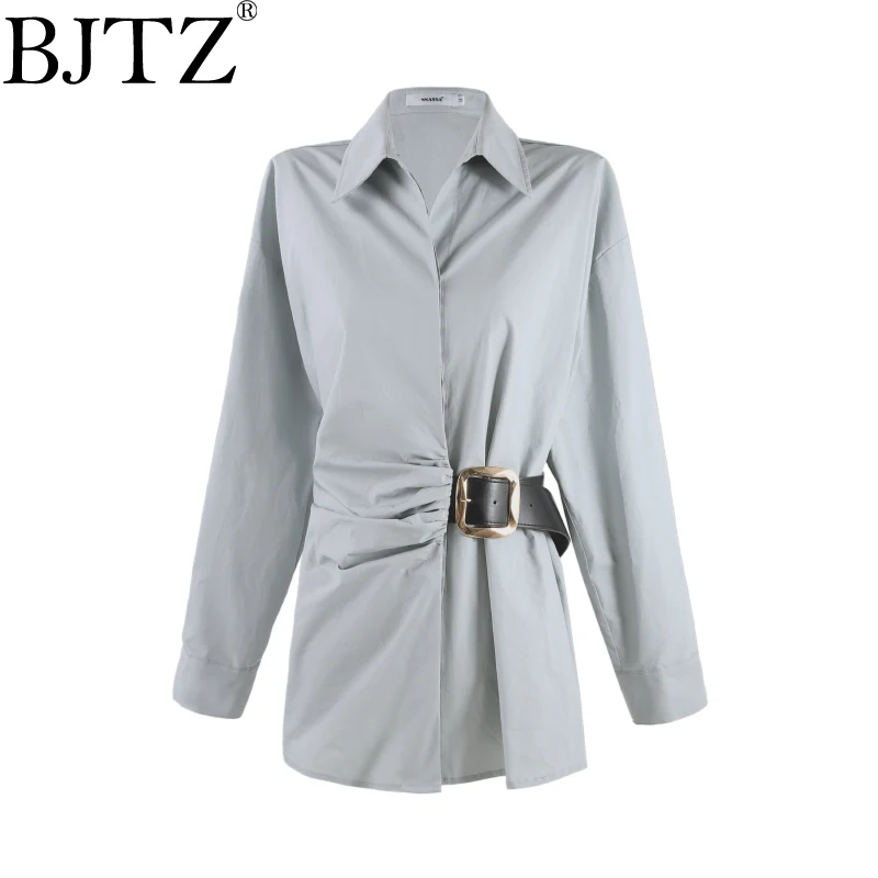 

BJTZ PU Leather Lace-up Waist Designer Shirt And Blouse For Women 2025 Spring Summer Office Lady Lapel Shirts