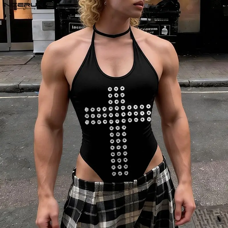 INCERUN Herren-Bodysuits mit Aufdruck, O-Ausschnitt, ärmellos, mit Schnürung, männliche Playsuits, Tank-Tops, rückenfrei, sexy, modische Bodysuits für Männer 2026