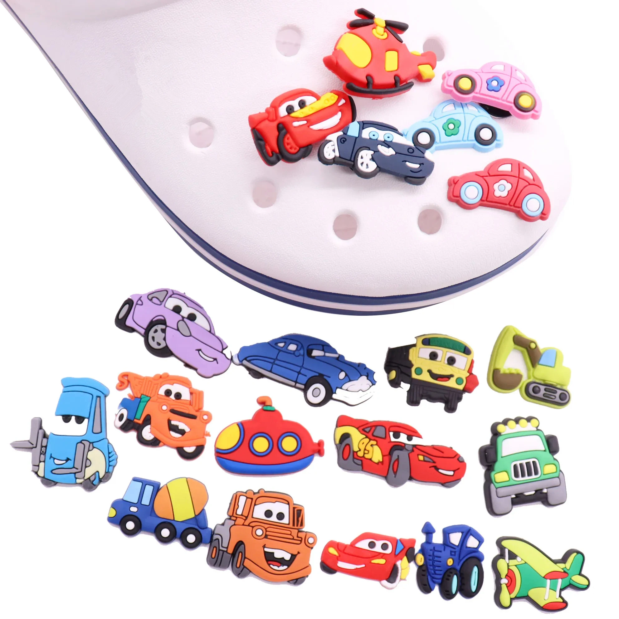 1-21Pcs PVC Cars Lightning McQueen Mater Schoolbus Shoe Buckle Charms Transportation Decorations DIY Boys Clog