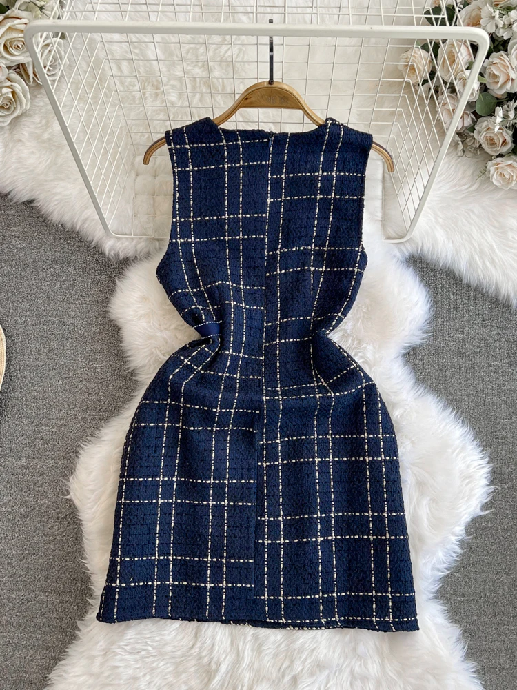 OCEANLOVE Tweed Plaid abiti da donna senza maniche moda coreana eleganti abiti Mujer primavera autunno dolce a-line Mini abito