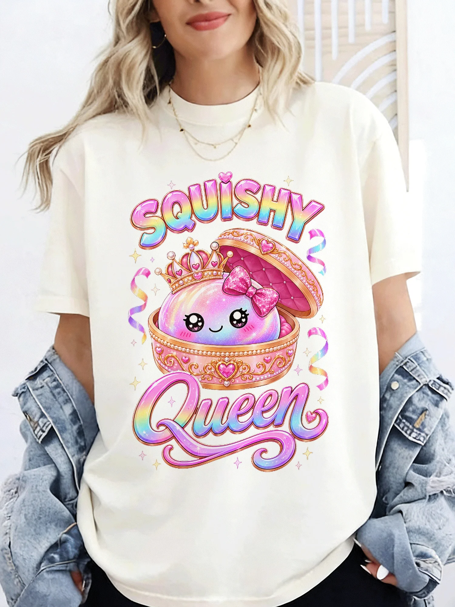 Cute Squishy Queen Rainbow Toy Treasure Box Art Print Graphic Womens T Shirt Short Sleeve Crew Neck Casual Ladies Tee Tops