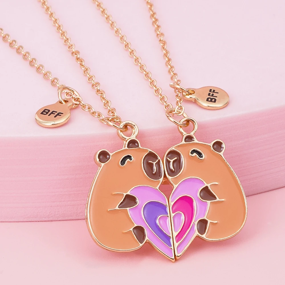 Qpeach 2Pcs/set Cute Cartoon Capybara Pendant Best Friend Girl BFF Necklace for Besties Friendship Jewelry Gifts