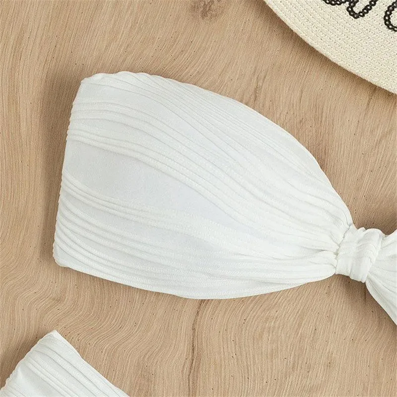 White Ribbed Bandeau Bikinis Sets Swimsuit Woman 2024 Knotted Swimwear Bathing Suit Strapless Brazilian Sexy Bikini Mujer Bather