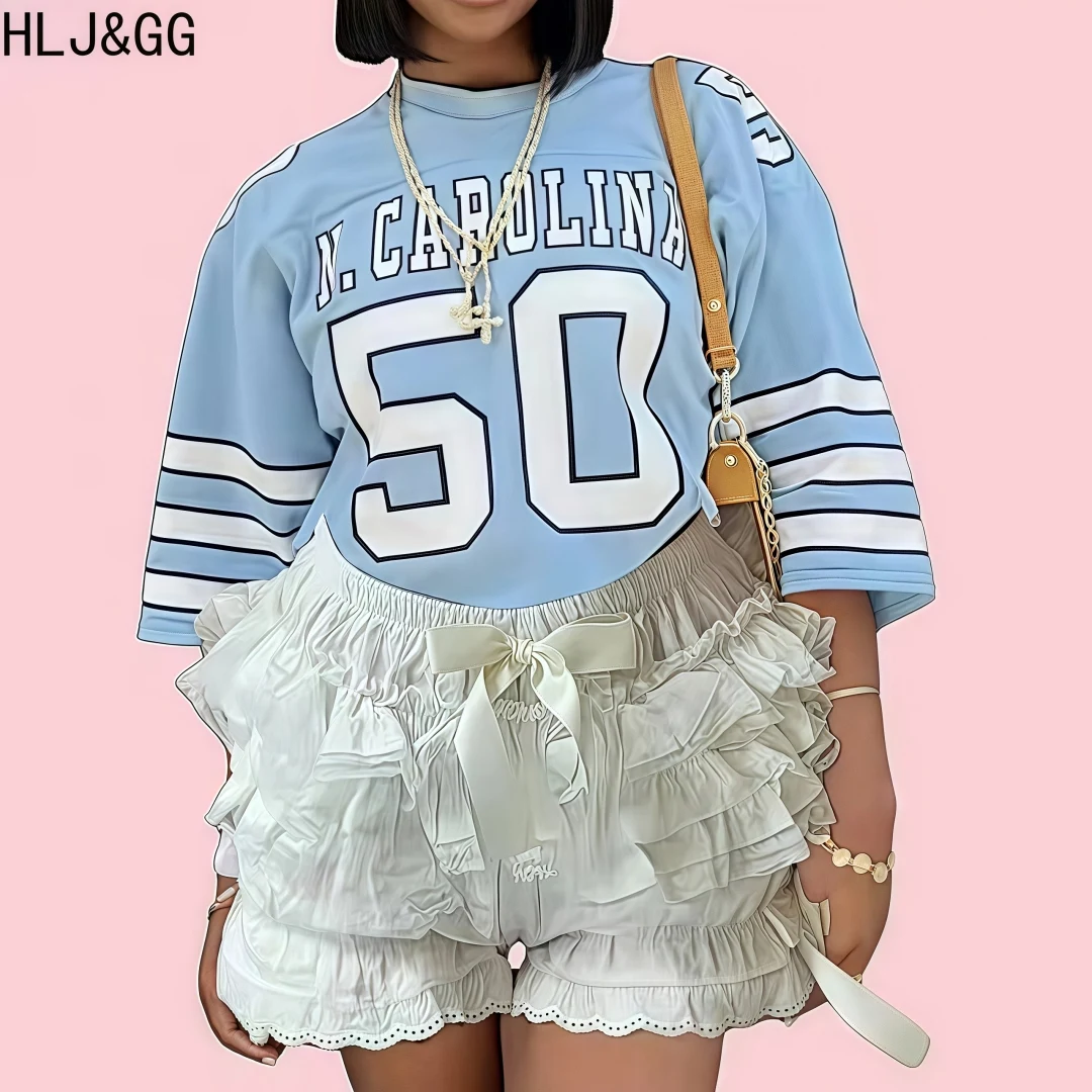 

HLJ&GG Blue Y2K INS Bow Lace Ruched Shorts Two Piece Sets Women Round Neck Loose Tshirt + Shorts Outfits Fashion 2pcs Streetwear