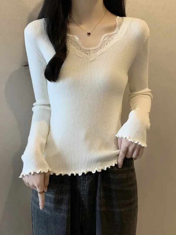 

plus Size Lace Trim V-Neck Long Sleeve Knitwear Women's Spring Autumn Slimming Belly Cover Fashionable Age-Defying Top