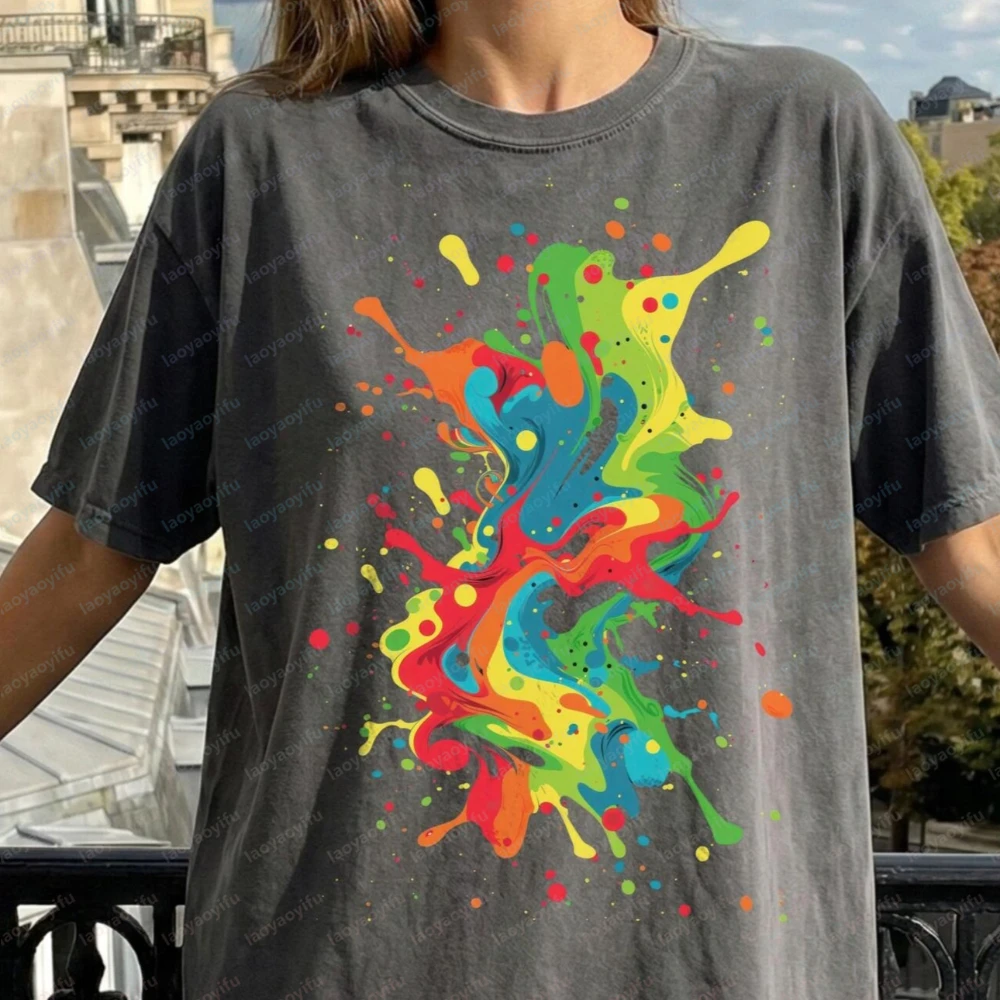 Unisex Color Splash Shirt Abstract Paint Splatter Tee Artistic Streetwear Gift Women Clothes Graphic Tshirts High Quality Cotton