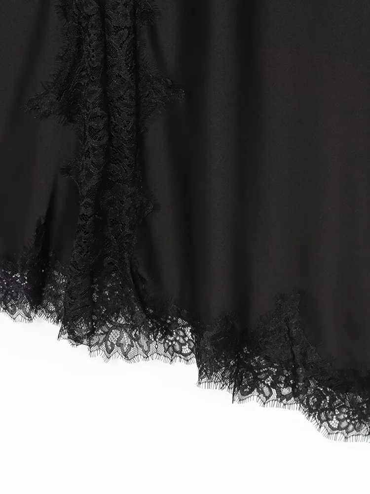 女性のセクシーなサテンレース非対称ドレス V ネック薄いストラップファッション女性ドレス