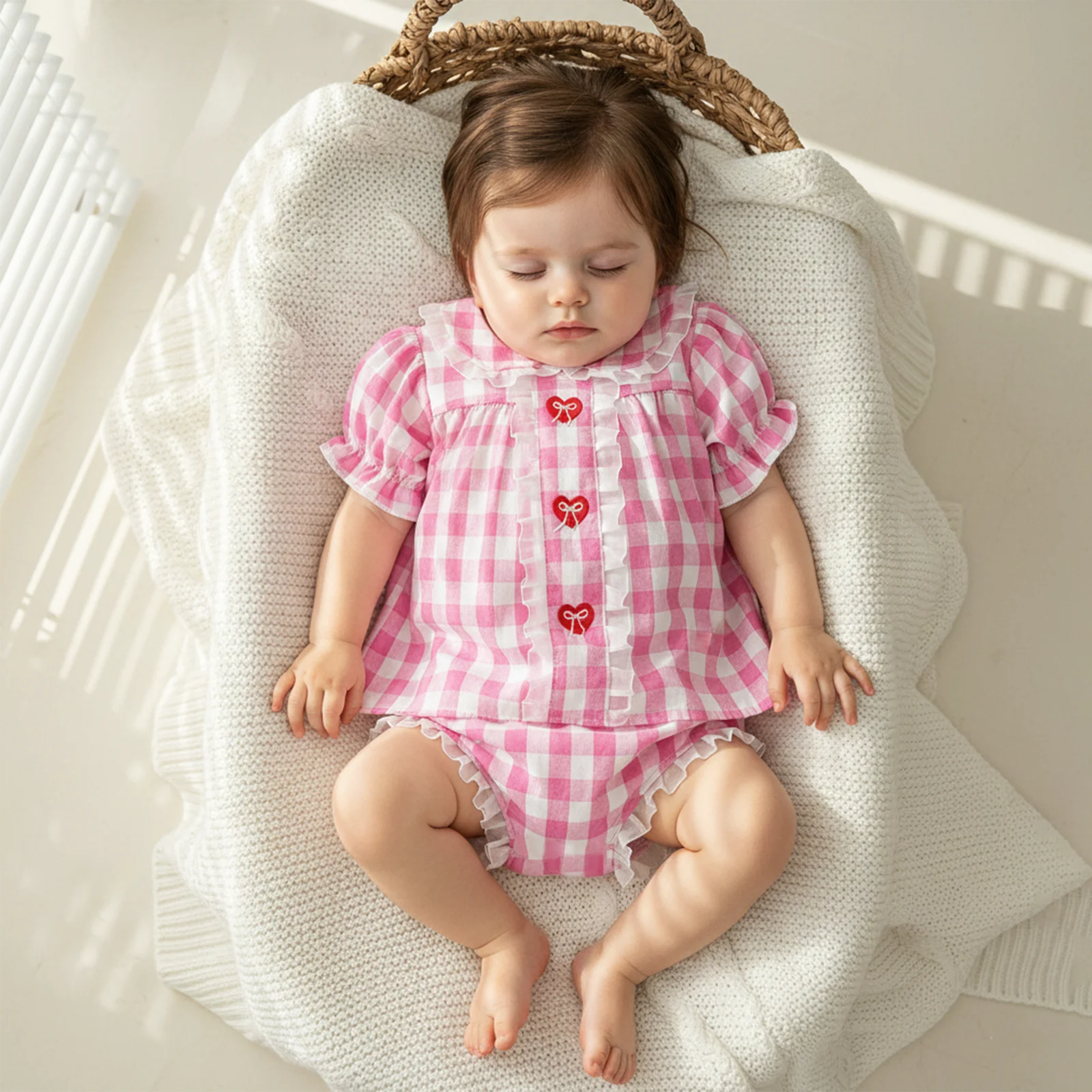 

Toddler Girls Summer 2 Piece Outfits Plaid Print Heart Embroidery Short Sleeve Doll Collar Tops and Triangle Shorts Set