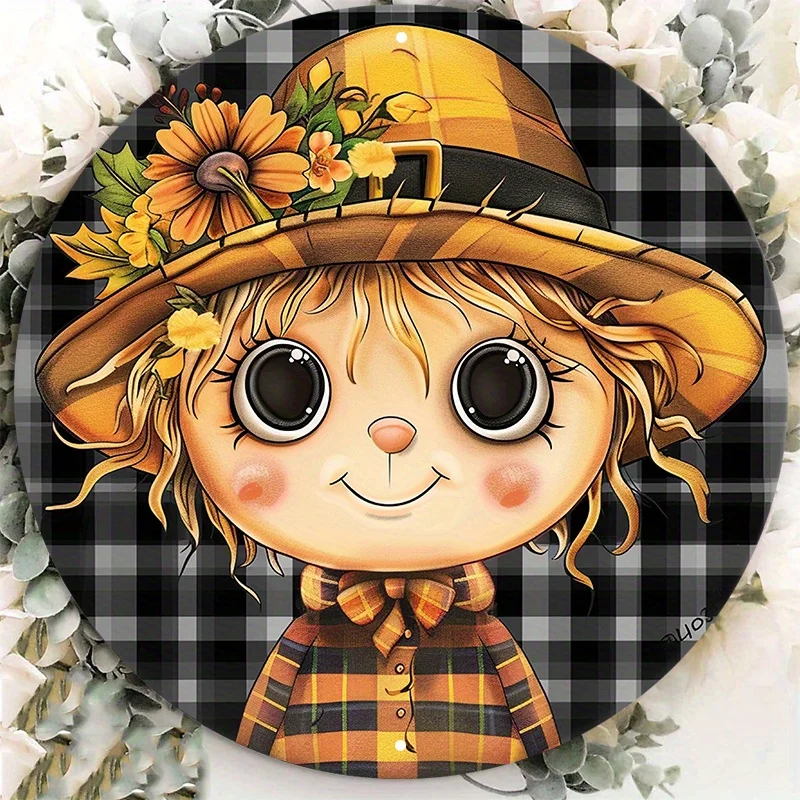 Aluminum Metal Round Wall Sign - 8 Inch Weatherproof Scarecrow Illustration Door Hanger with Pre-drilled Holes