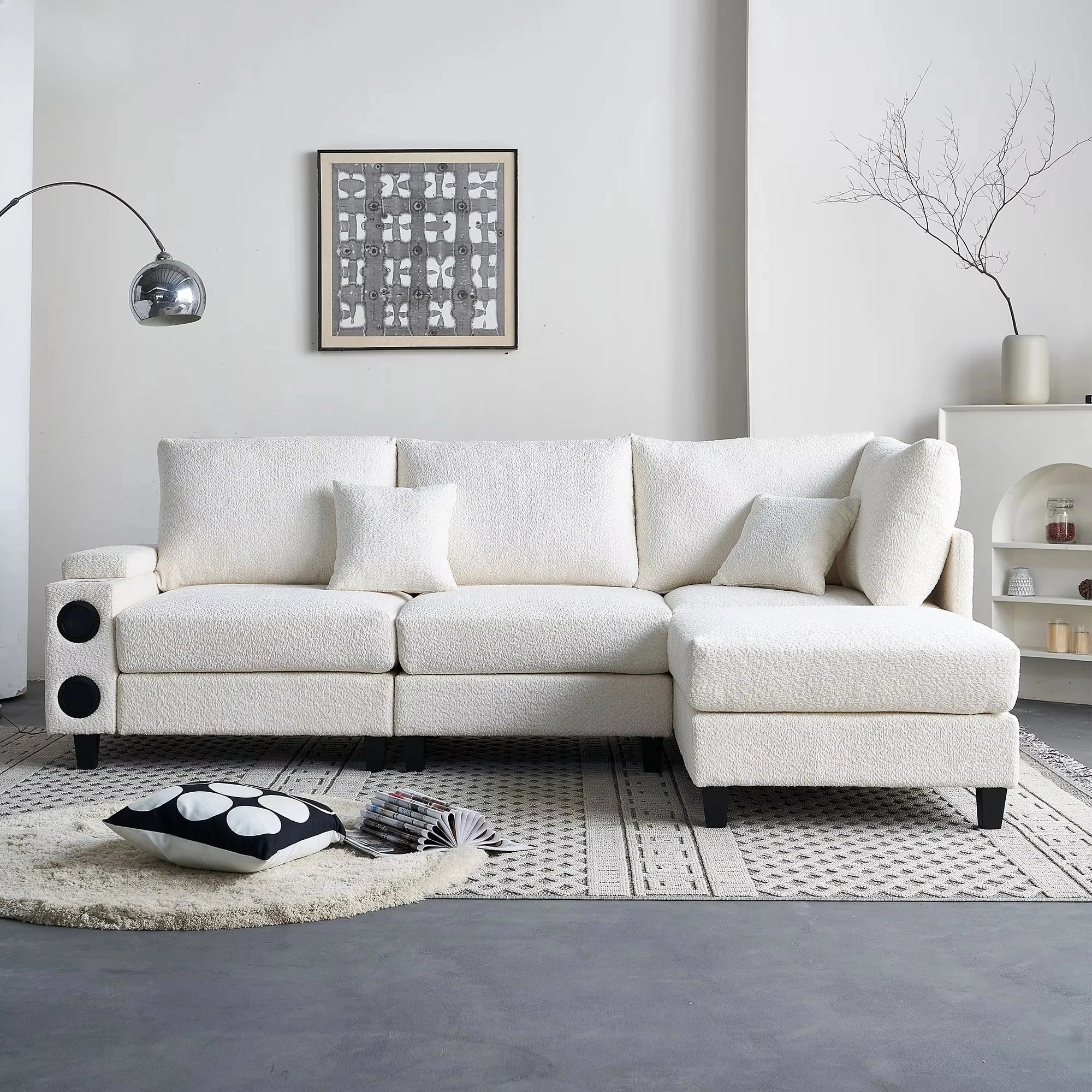 Modern Teddy Fabric Home Theatre Sofa Electric Unit Combination Living Room L-shape with USB Port and Sound Equipment