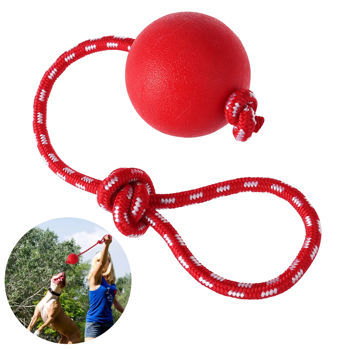 Pet Squeaky Dog Toy Dogs Ball with Rope Solid Rubber for on Bite Resistant