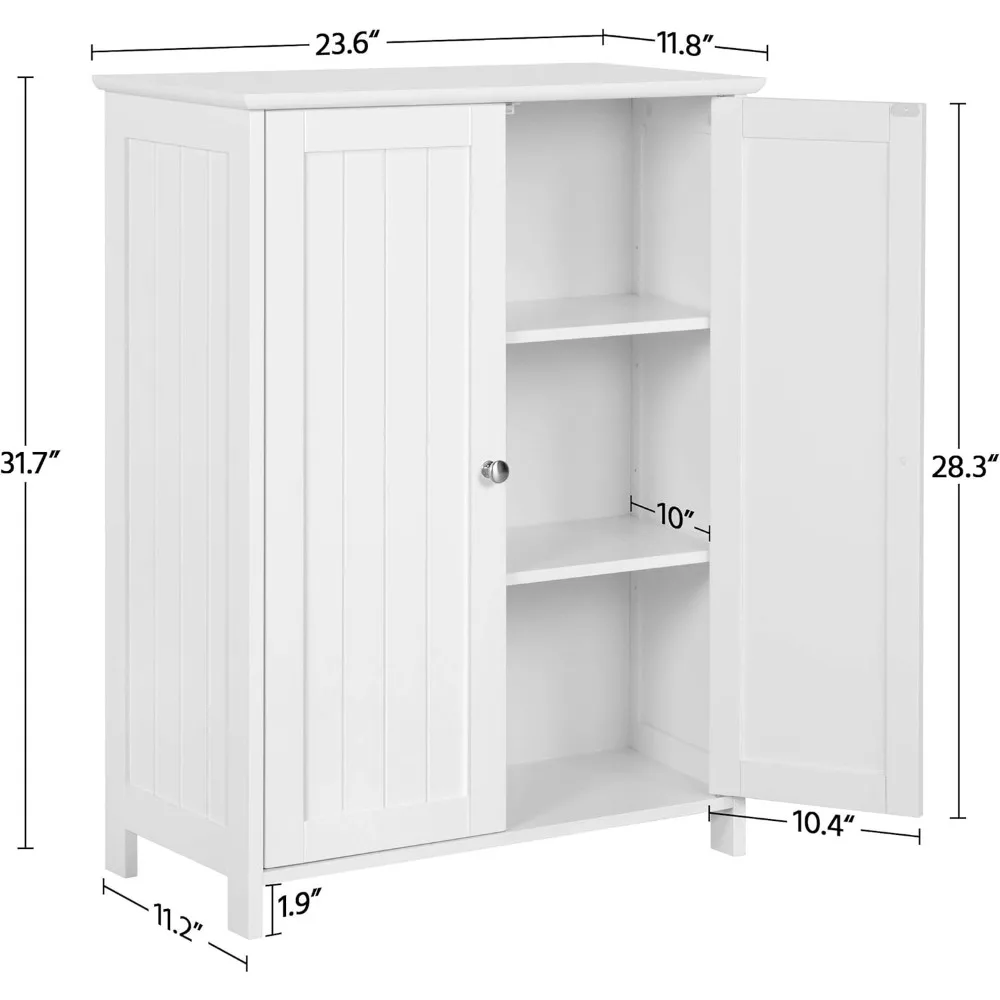 Bathroom Floor Cabinet, Modern Storage Freestanding Organizer Cabinet with Adjustable Shelves & Double Doors, 3-Tier H