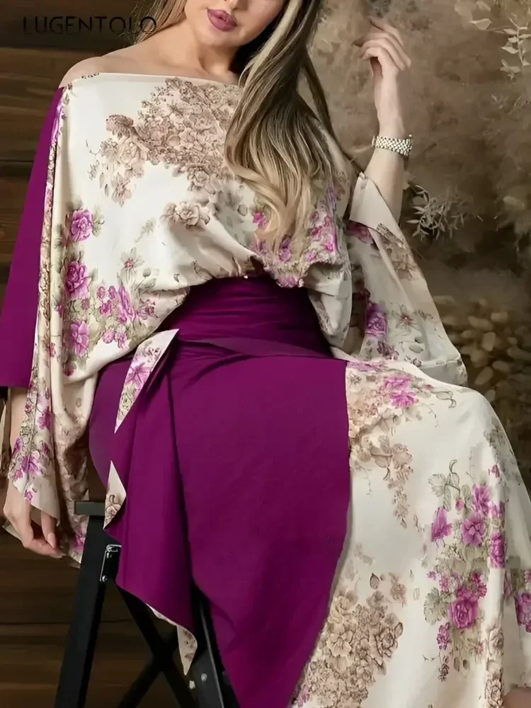 Abito da donna con grembiule sexy Abito da festa in 2 pezzi Grande altalena Stampa viola Petto avvolto Manica lunga Lady Empire Legant Medio Oriente Abbigliamento