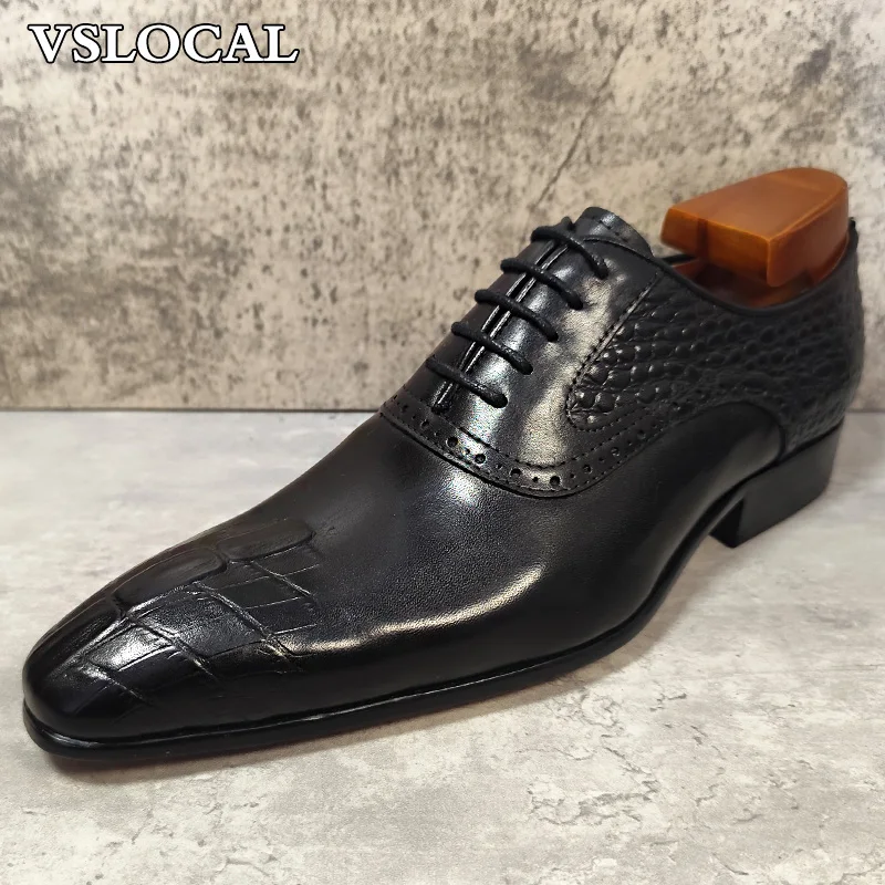

Luxury Brand Genuine Leather Shoes Men Lace Up Pointed Toe Black Print Oxford Mens Dress Shoes Wedding Office Shoes Men