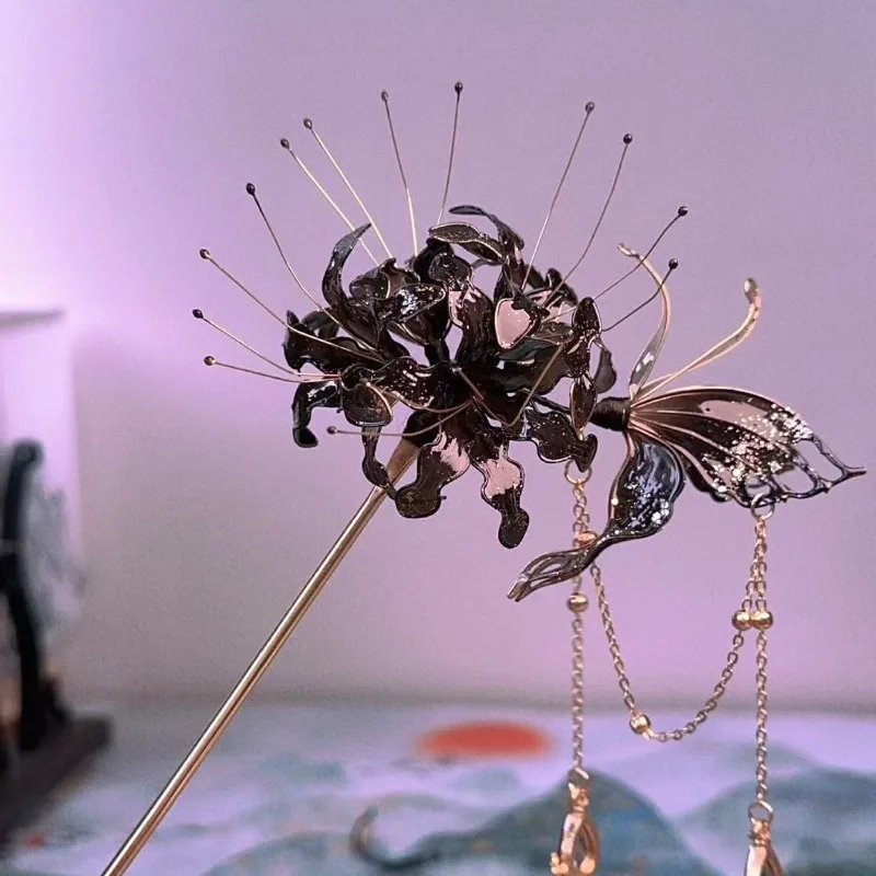 

Vintage Hanfu Manjushaka Red Spider Lily Hairpin Handmade Original Adjustable Elegant Bridal Festival Gift for Girlfriend Wife