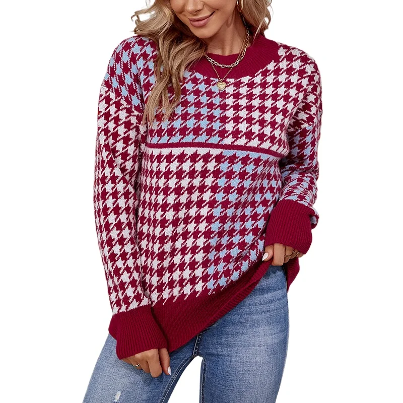 

2023 autumn and winter new European and American knitted sweaters contrasting thousand bird grid pullover Amazon sweater women