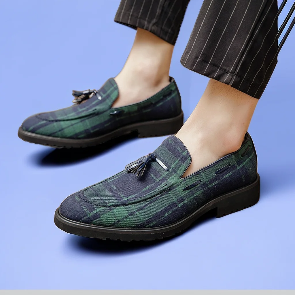 New Loafers Men Square Toe Tassels Gingham Canvas Fashion Dress Shoes Size 38-48