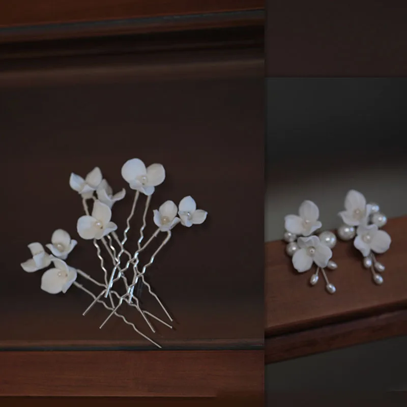 Fashion Ceramic Flower Bridal Clips Hair Pins Set Handmade Silver Color Wedding Women Headpiece Pearls Girls Hair Piece