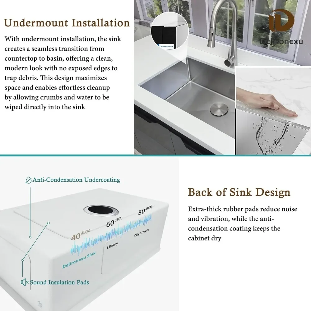 حوض مطبخ سفلي 30 بوصة قابل للتخصيص - 18 مقياس من الفولاذ المقاوم للصدأ وعاء واحد أحواض المطبخ 30 بوصة × 18 بوصة × 9 بوصة تصميم يدوي واي فاي