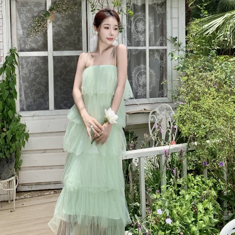 French Fairy Mint Green Mesh Layer Cake Dress Women Summer Romantic Straps Long Dress Sweet Vintage Sleeveless Ruffles Vestidos