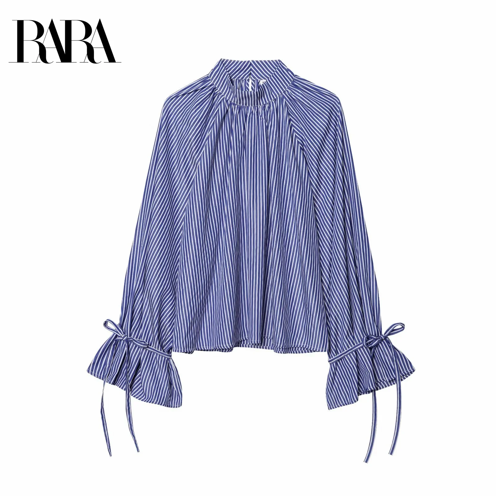

RARA2025 new summer women's clothing loose casual temperament simple cuffs tie stand collar striped shirt top