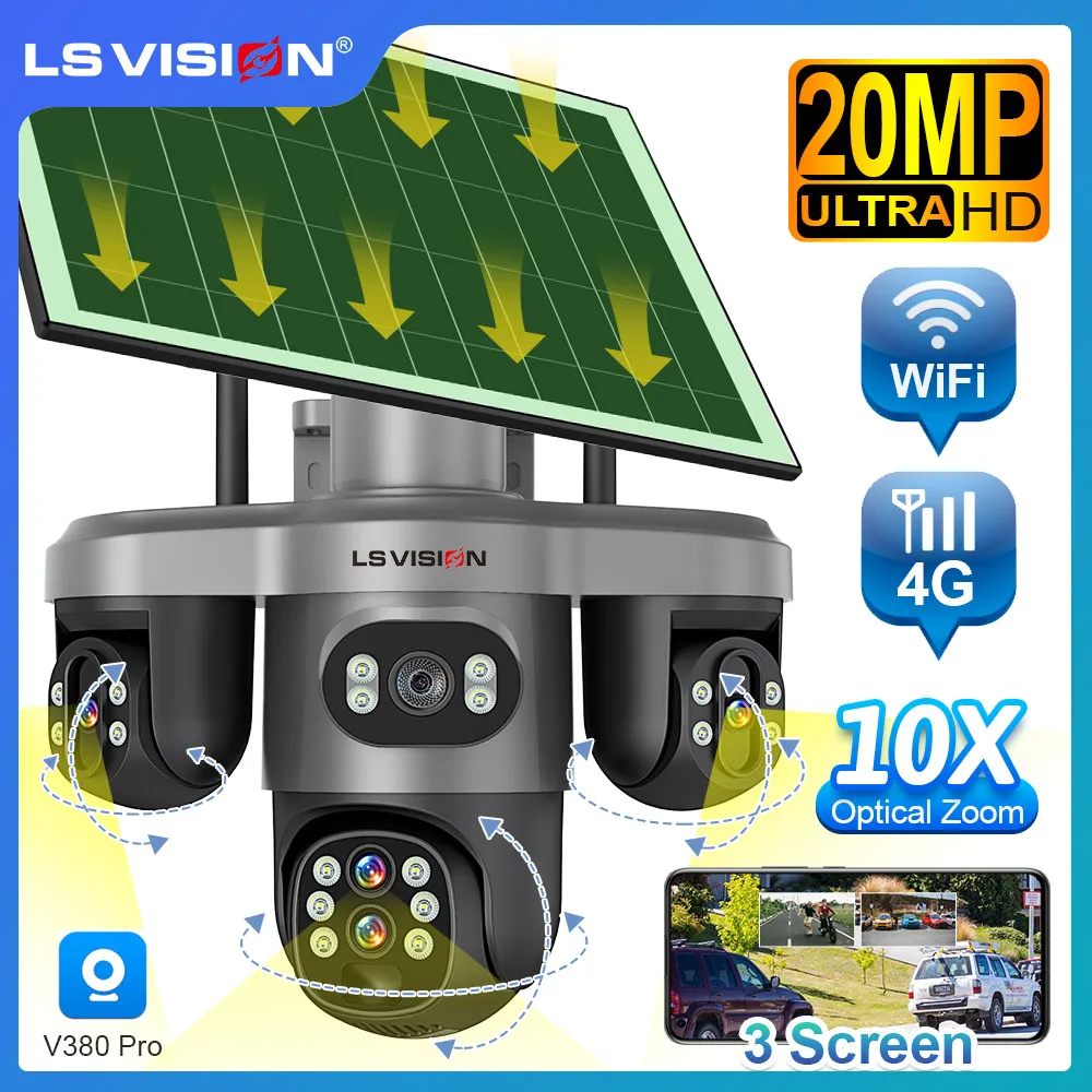 

LS VISION 20MP 10X Optical Zoom Three PTZ Lens Solar Camera Outdoor WiFi/4G Three Screen Auto Tracking Security Cameras V380 Pro