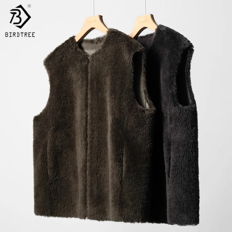 BirdTree, Fluff 100% lana di pecora gilet retrò, top da donna con cerniera o-collo, gilet solido stile versatile, 2025 autunno inverno T5O518JF